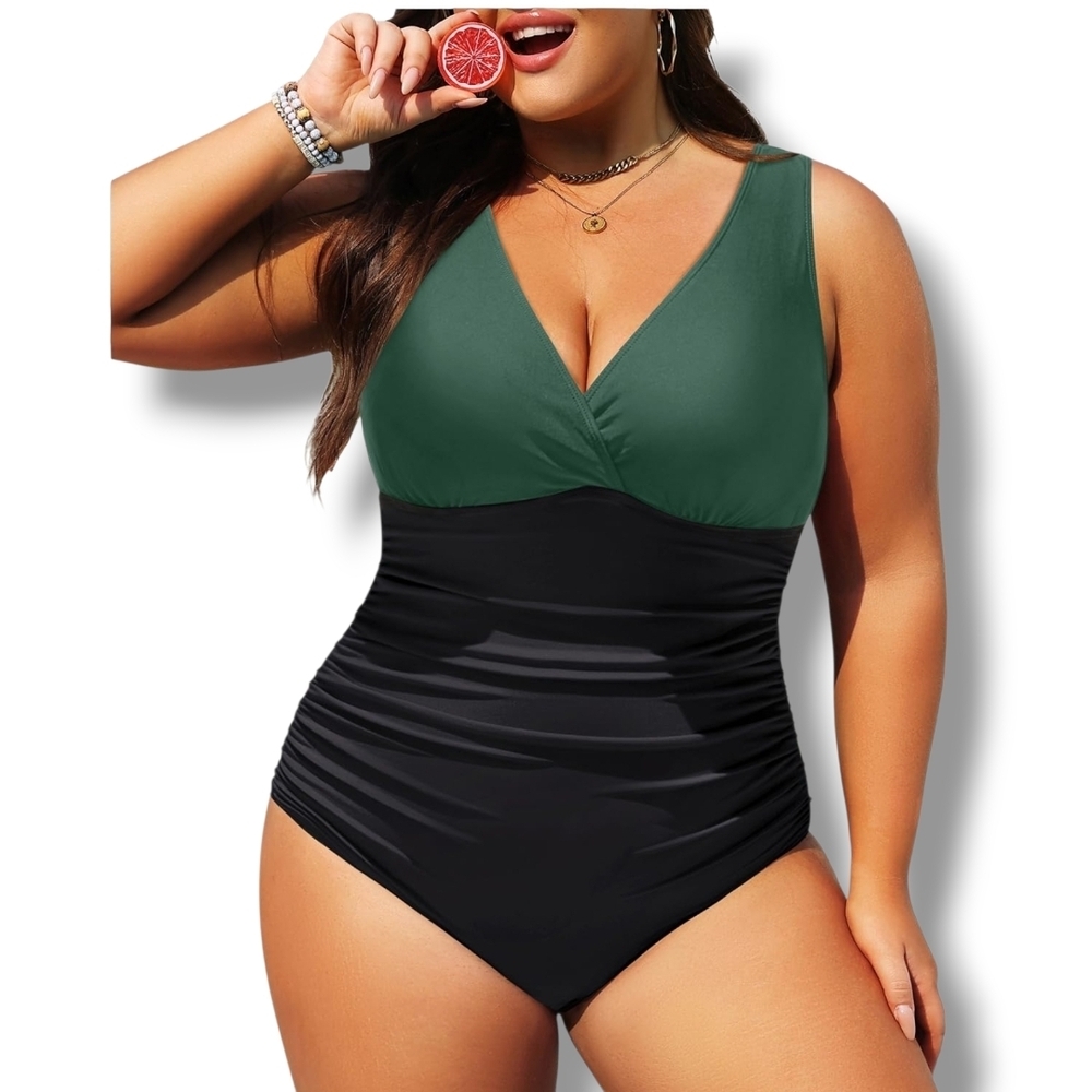 AQUA EVE - 20W Green & Black Tummy Control Swimsuit - Picture 2 of 9